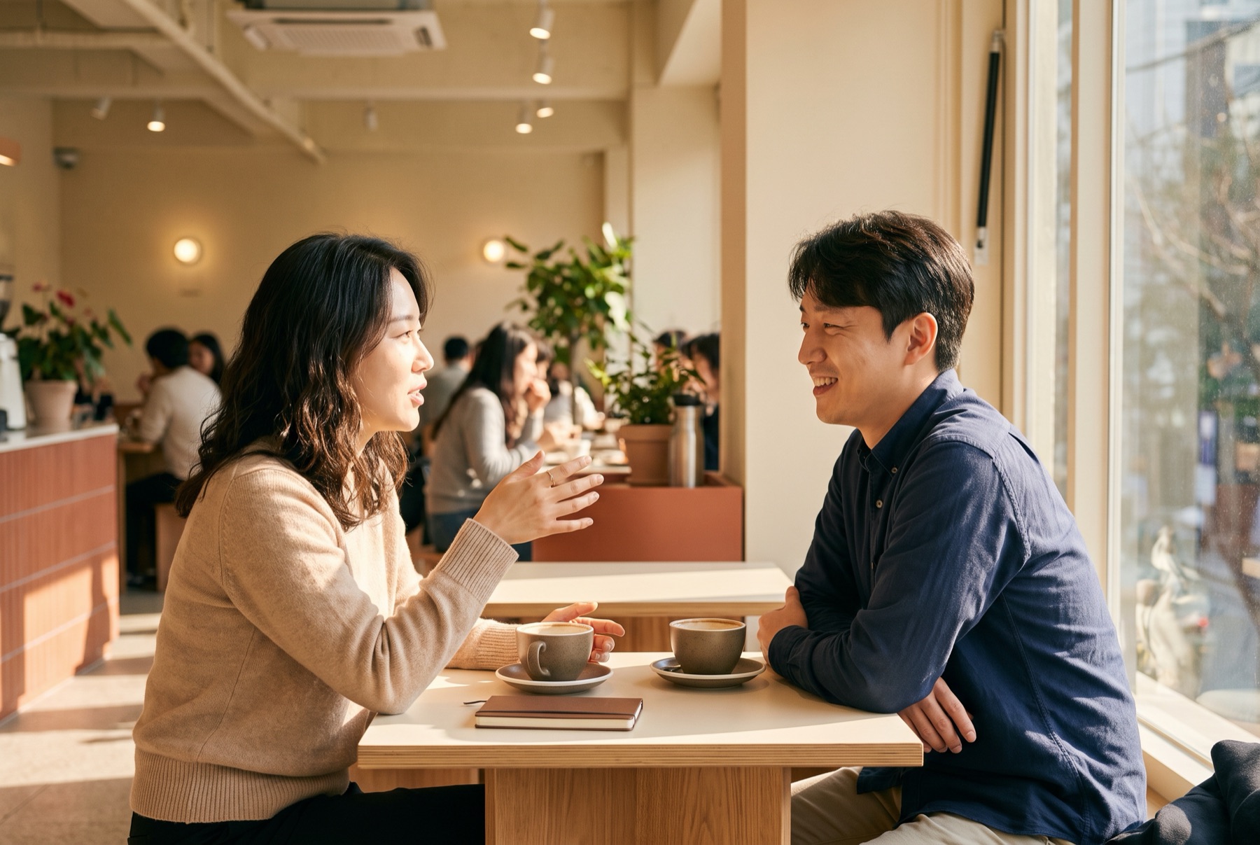 밝은 카페에서 편하게 커피챗을 나누는 전문가와 신청자